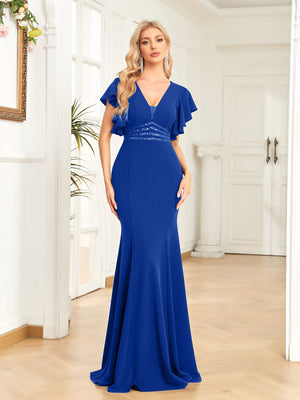 Sheath/Column V-Neck Floor-Length Stretch Crepe Evening Dress With Pleated Sequins Beading