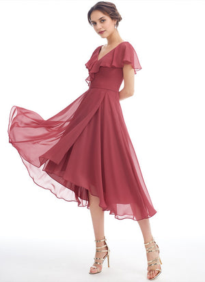 A-line V-Neck Asymmetrical Chiffon Bridesmaid Dress With Ruffle
