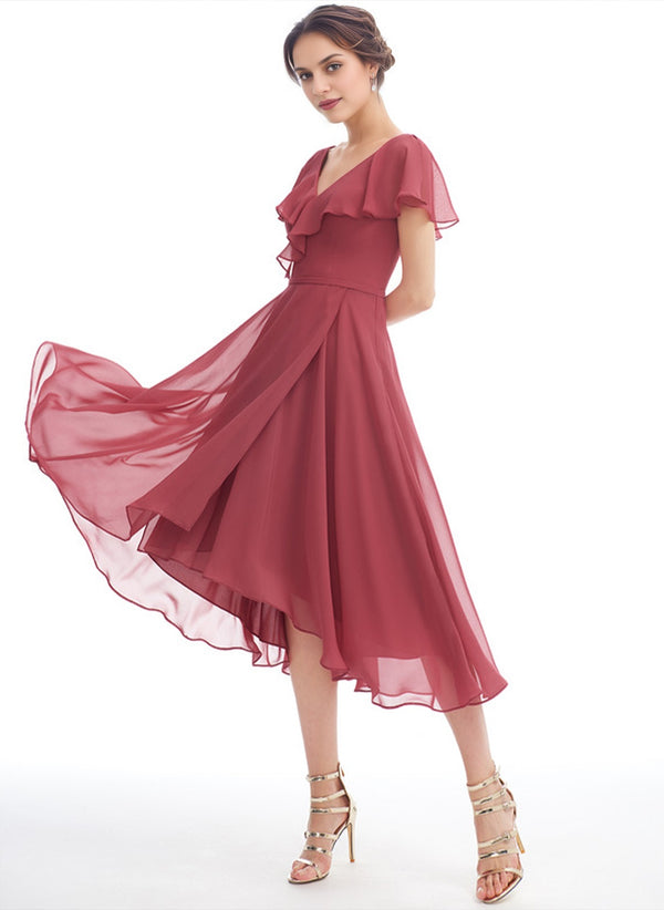A-line V-Neck Asymmetrical Chiffon Bridesmaid Dress With Ruffle