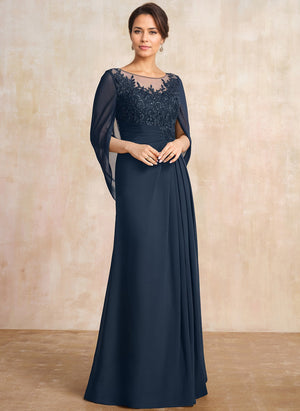 A-line Scoop Illusion Floor-Length Lace Chiffon Mother of the Bride Dress With Sequins Pleated
