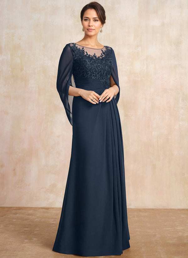 A-line Scoop Illusion Floor-Length Lace Chiffon Mother of the Bride Dress With Sequins Pleated