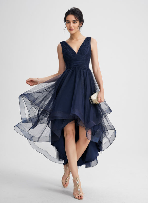 A-line V-Neck Asymmetrical Tulle Cocktail Dress With Cascading Ruffles Pleated