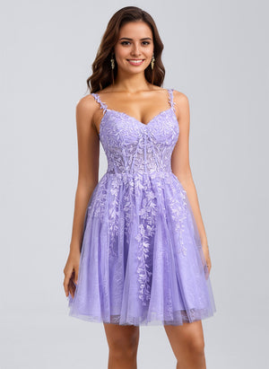 A-line V-Neck Short Tulle Lace Homecoming Dress