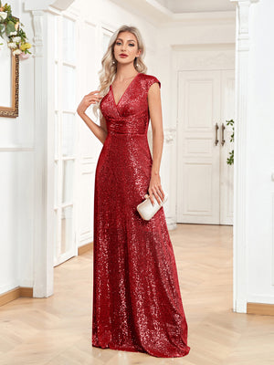 Sequin V-Neck Sleeveless A-Line Floor Length Prom/Evening Dress