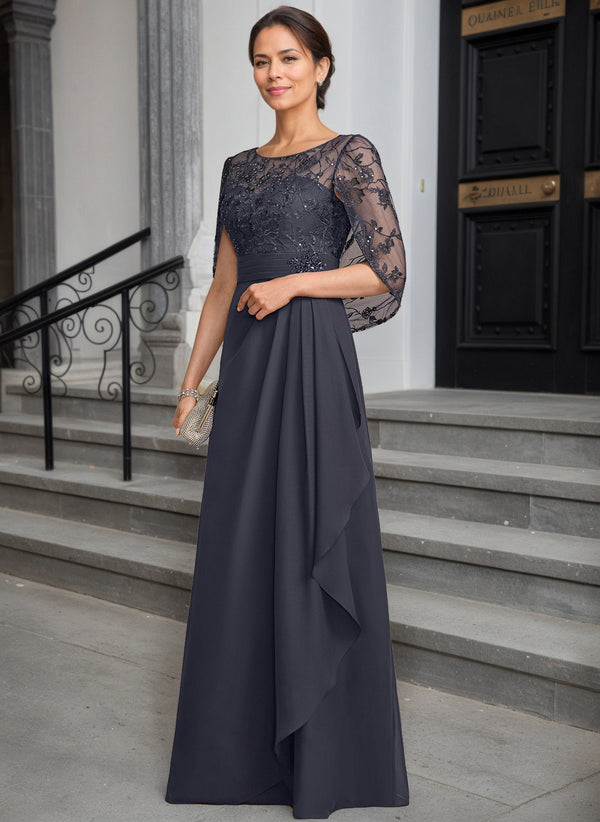 A-line Scoop Illusion Lace Chiffon Mother of the Bride Dress With Cascading Ruffles Sequins