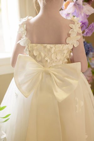 Ball-Gown/Princess V-Neck Asymmetrical Tulle Flower Girl Dress With Beading/3D Floral/Bow