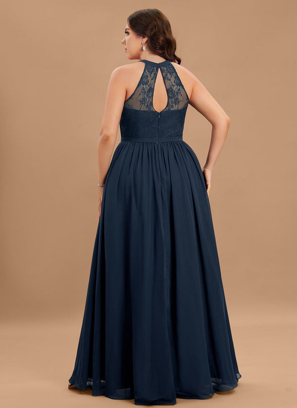A-line Scoop Floor-Length Lace Chiffon Bridesmaid Dress