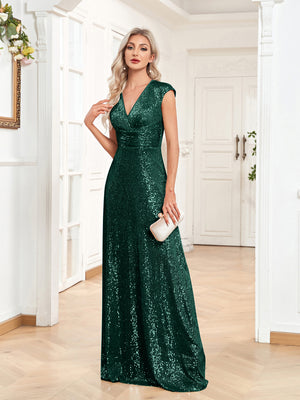 Sequin V-Neck Sleeveless A-Line Floor Length Prom/Evening Dress