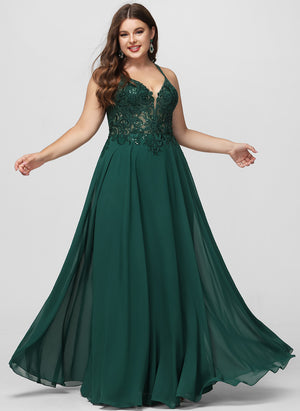 A-line V-Neck Floor-Length Chiffon Prom Dresses With Beading Sequins