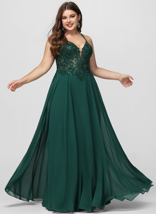 A-line V-Neck Floor-Length Chiffon Prom Dresses With Beading Sequins