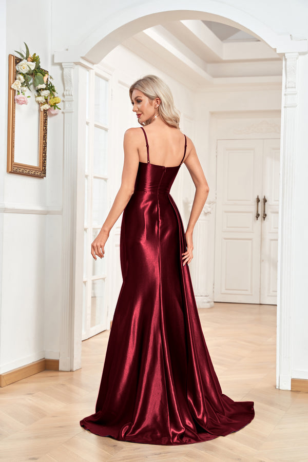 Trumpet/Mermaid Sweetheart Neck Spaghetti Straps Sweep Train Satin Prom Dresses With Silt