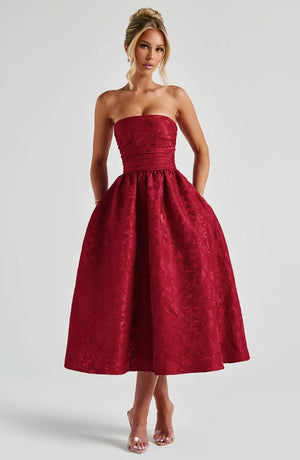 A-Line Strapless Tea-Length Jacquard Prom Dresses