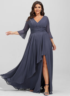 A-line V-Neck Floor-Length Chiffon Mother of the Bride Dress With Cascading Ruffles