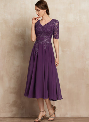 A-line V-Neck Tea-Length Lace Chiffon Mother of the Bride Dress With Sequins