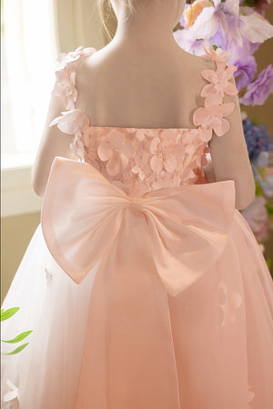 Ball-Gown/Princess V-Neck Asymmetrical Tulle Flower Girl Dress With Beading/3D Floral/Bow
