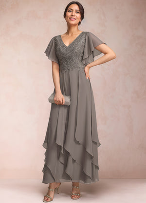 A-line V-Neck Ankle-Length Lace Chiffon Mother of the Bride Dress With Cascading Ruffles