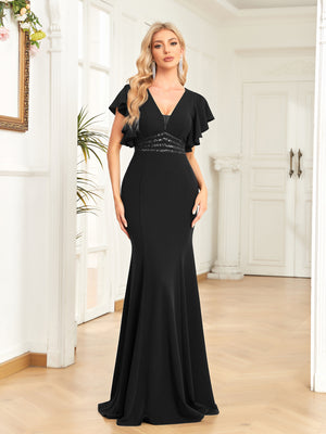 Sheath/Column V-Neck Floor-Length Stretch Crepe Evening Dress With Pleated Sequins Beading