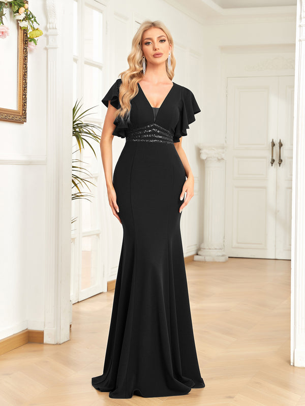 Sheath/Column V-Neck Floor-Length Stretch Crepe Evening Dress With Pleated Sequins Beading