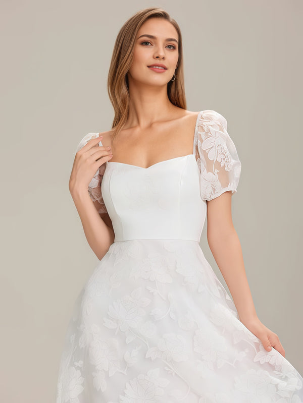 Square Puff Sleeve A-line Chiffon Jacquard Midi Dress