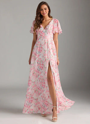 A-line V-Neck Floor-Length Chiffon Floral Bridesmaid Dress