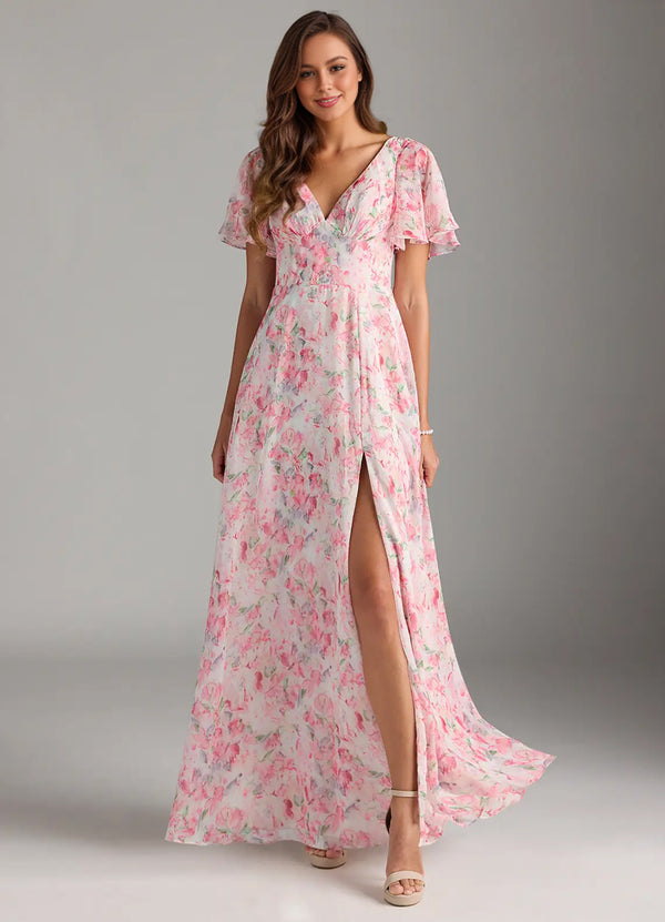 A-line V-Neck Floor-Length Chiffon Floral Bridesmaid Dress