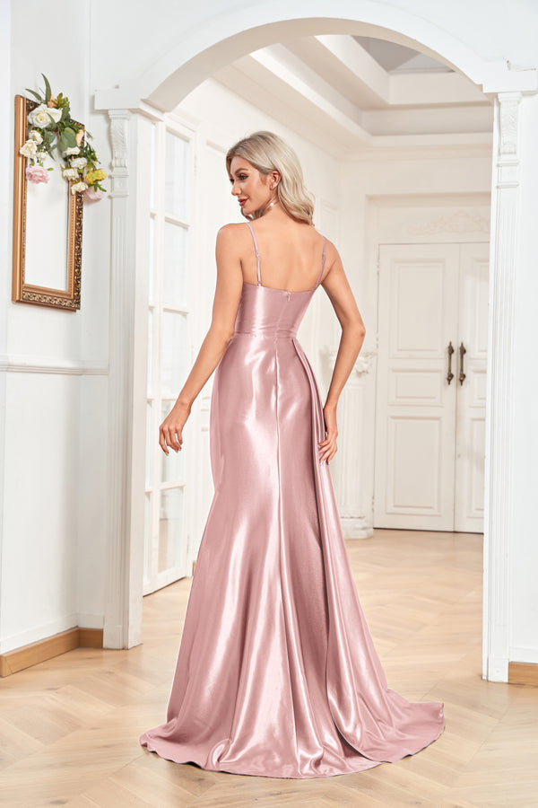 Trumpet/Mermaid Sweetheart Neck Spaghetti Straps Sweep Train Satin Prom Dresses With Silt