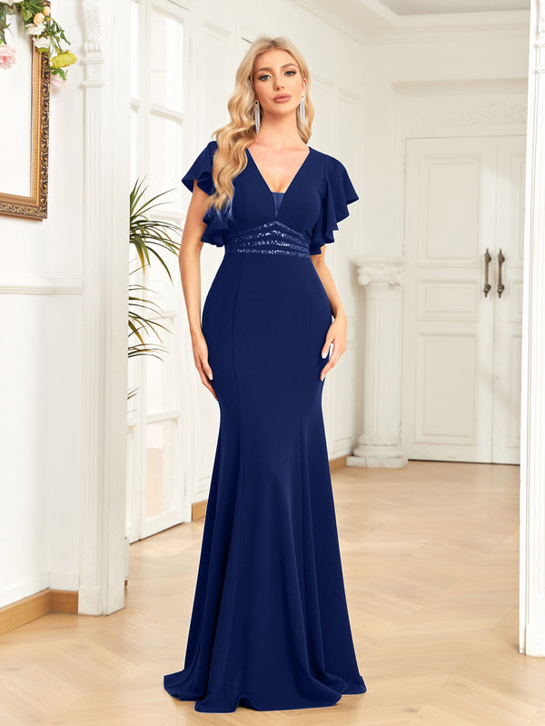 Sheath/Column V-Neck Floor-Length Stretch Crepe Evening Dress With Pleated Sequins Beading