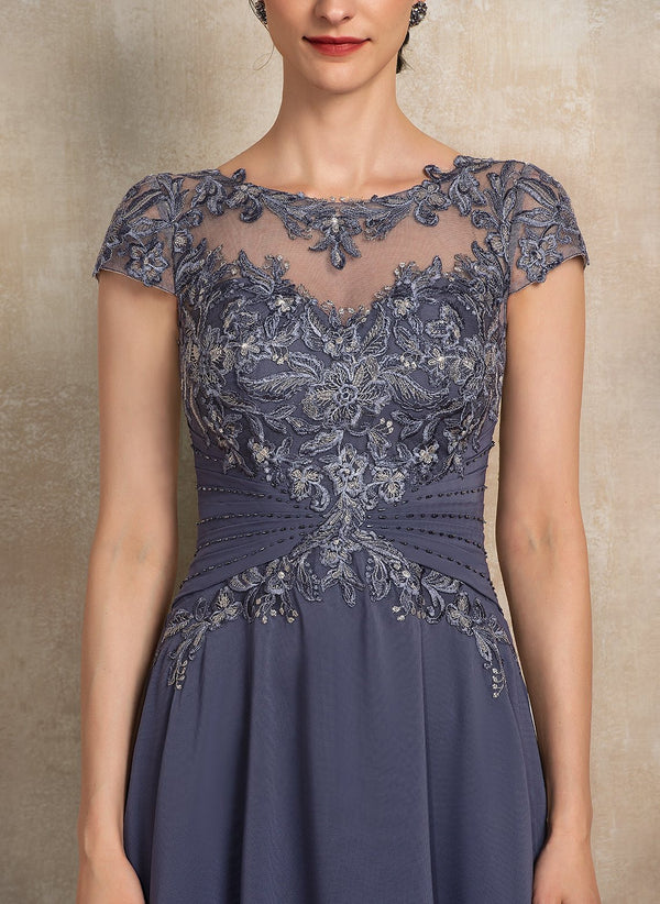 A-line Scoop Illusion Asymmetrical Chiffon Lace Mother of the Bride Dress With Beading