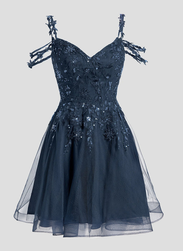A-line Sweetheart Short Tulle Lace Homecoming Dress With Sequins