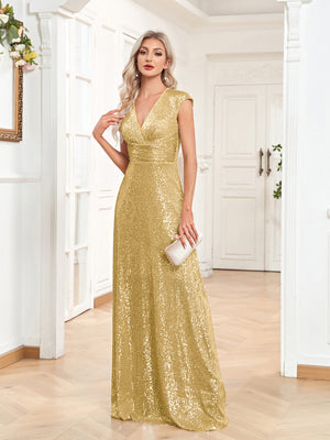 Sequin V-Neck Sleeveless A-Line Floor Length Prom/Evening Dress