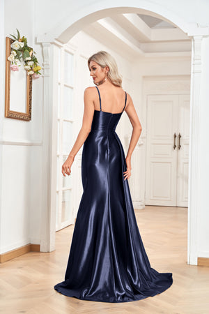 Trumpet/Mermaid Sweetheart Neck Spaghetti Straps Sweep Train Satin Prom Dresses With Silt
