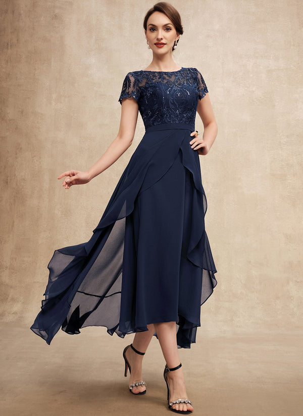 A-line Scoop Illusion Asymmetrical Chiffon Lace Mother of the Bride Dress With Ruffle Sequins Bow