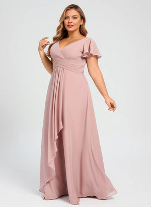 A-line V-Neck Floor-Length Chiffon Bridesmaid Dress With Ruffle