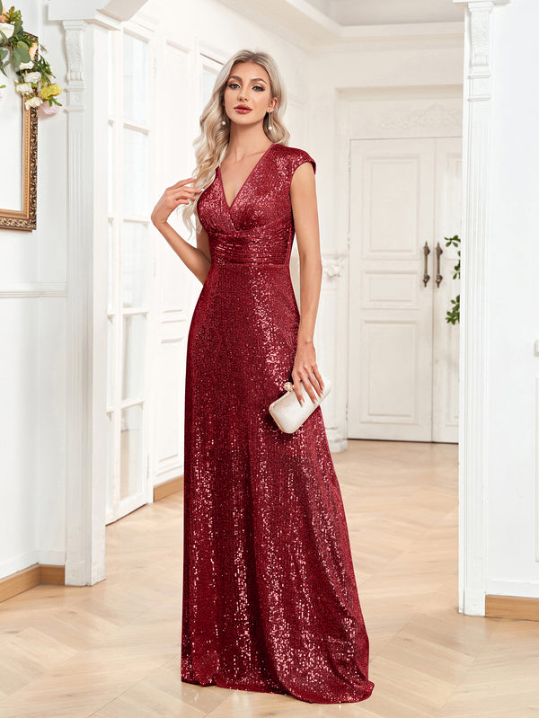 Sequin V-Neck Sleeveless A-Line Floor Length Prom/Evening Dress