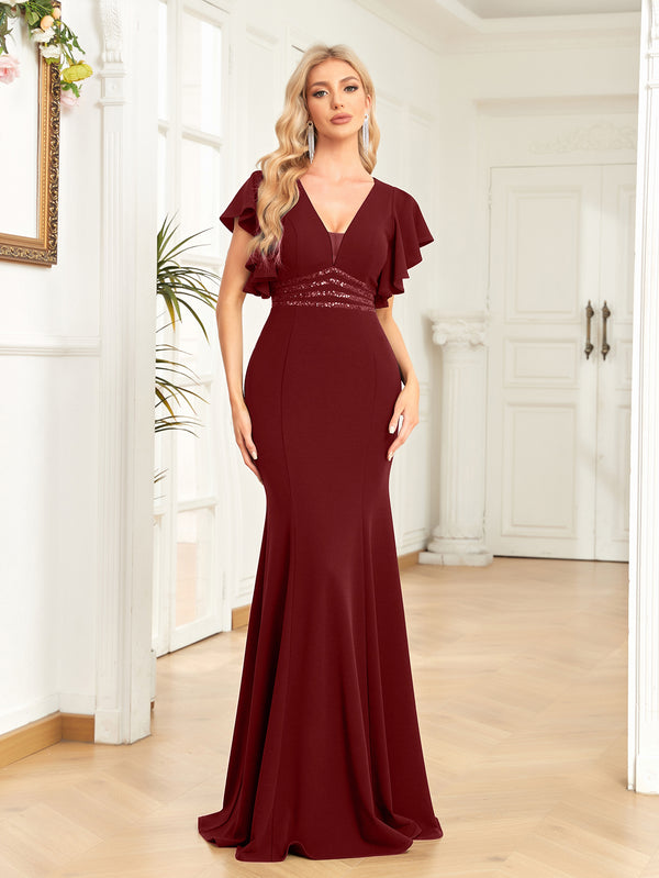 Sheath/Column V-Neck Floor-Length Stretch Crepe Evening Dress With Pleated Sequins Beading