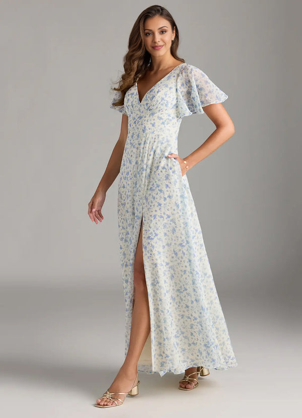 A-line V-Neck Floor-Length Chiffon Floral Bridesmaid Dress