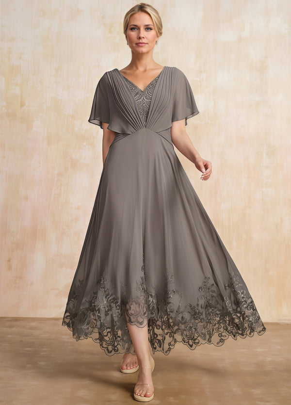 A-line Scoop Illusion Ankle-Length Lace Chiffon Mother of the Bride Dress With Sequins