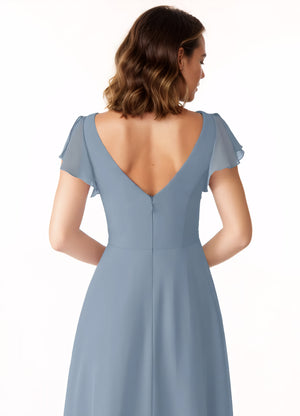 A-line V-Neck Floor-Length Chiffon Bridesmaid Dress With Ruffle