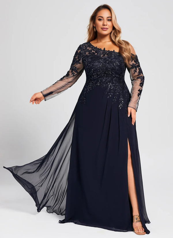 Trumpet/Mermaid Asymmetrical Illusion Floor-Length Lace Chiffon Evening Dress With Sequins