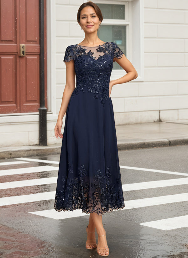 A-line Scoop Illusion Tea-Length Lace Chiffon Mother of the Bride Dress With Sequins