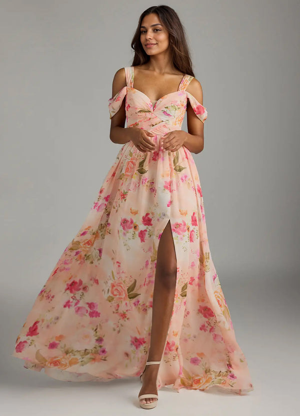 A-line Cold Shoulder Floor-Length Chiffon Bridesmaid Dress With Slit