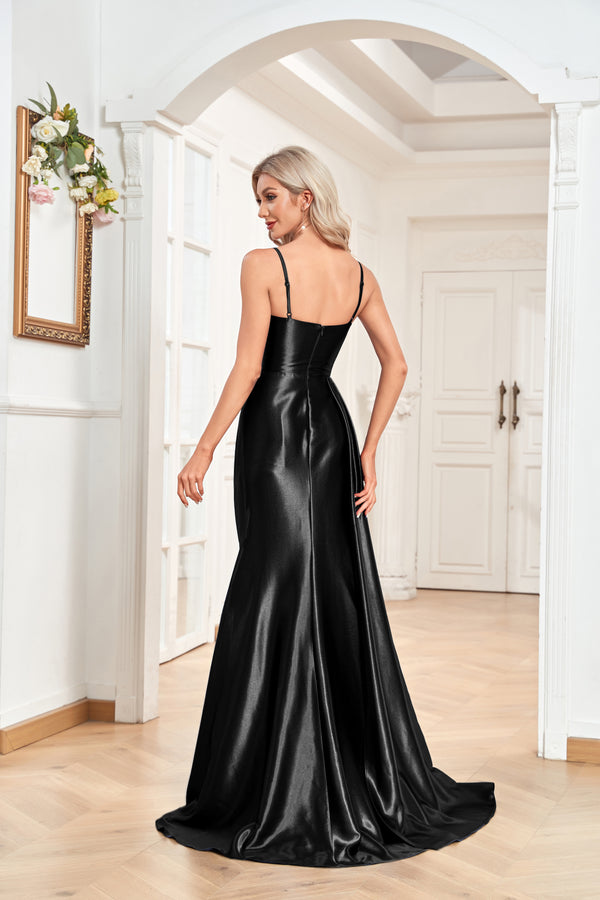 Trumpet/Mermaid Sweetheart Neck Spaghetti Straps Sweep Train Satin Prom Dresses With Silt