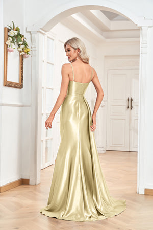 Trumpet/Mermaid Sweetheart Neck Spaghetti Straps Sweep Train Satin Prom Dresses With Silt