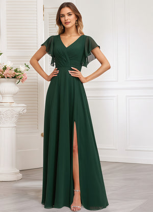 A-line V-Neck Floor-Length Chiffon Bridesmaid Dress With Ruffle