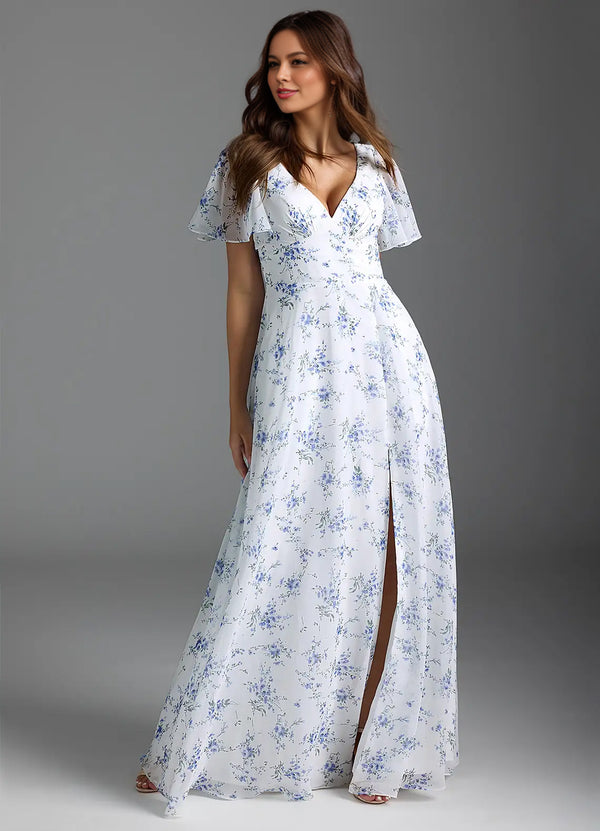 A-line V-Neck Floor-Length Chiffon Floral Bridesmaid Dress