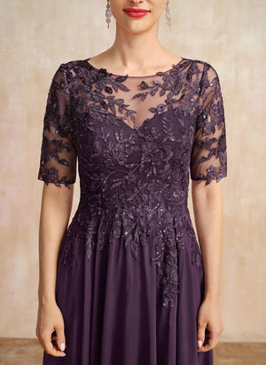 A-line Scoop Illusion Asymmetrical Lace Chiffon Mother of the Bride Dress With Sequins