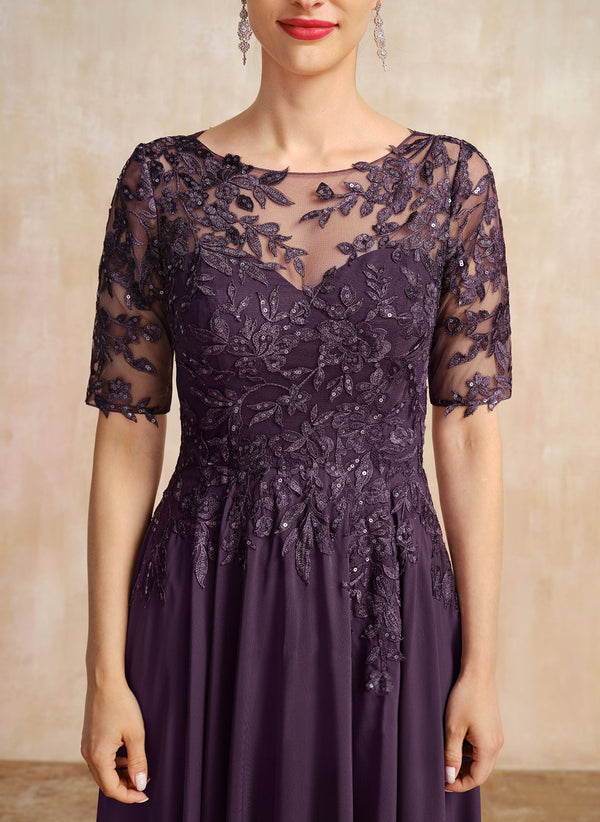 A-line Scoop Illusion Asymmetrical Lace Chiffon Mother of the Bride Dress With Sequins