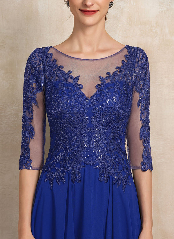 A-line Scoop Illusion Tea-Length Lace Chiffon Mother of the Bride Dress With Sequins