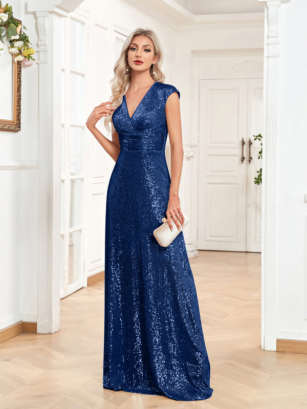 Sequin V-Neck Sleeveless A-Line Floor Length Prom/Evening Dress