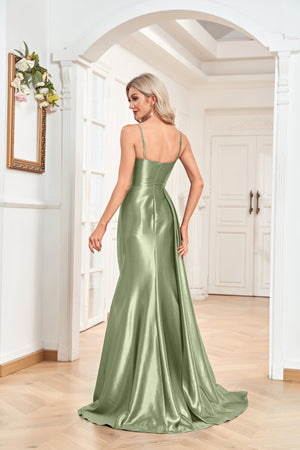 Trumpet/Mermaid Sweetheart Neck Spaghetti Straps Sweep Train Satin Prom Dresses With Silt